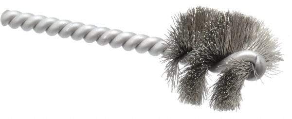 Made in USA - 1-1/8" Diam Helical Stainless Steel Tube Brush - 0.008" Filament Diam, 1" Brush Length, 3-1/2" OAL, 0.248" Diam Stainless Steel Shank - Apex Tool & Supply