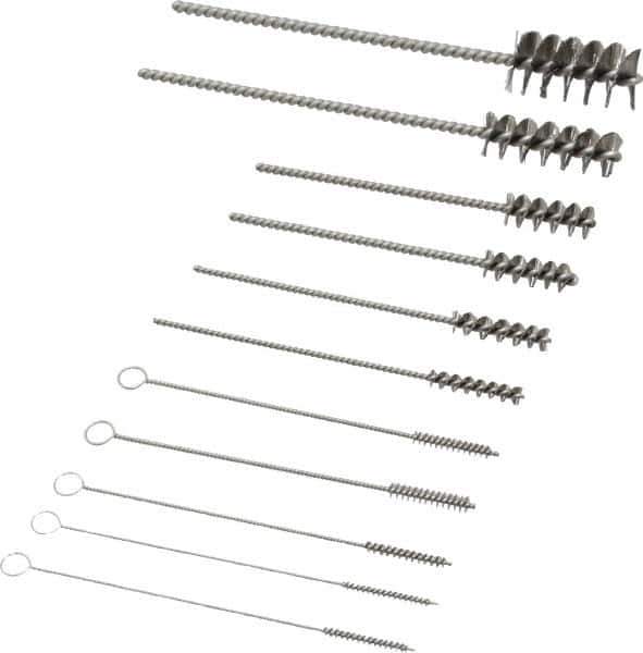 PRO-SOURCE - 11 Piece Stainless Steel Hand Tube Brush Set - 3/4" to 1-1/2" Brush Length, 4" OAL, 0.034" Shank Diam, Includes Brush Diams 1/4", 5/16", 3/8", 1/2" & 3/4" - Apex Tool & Supply