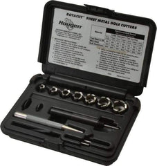 Hougen - 10 Piece, 8 to 20mm Cutter Diam, 1/4" Cutting Depth, High Speed Steel Annular Cutter Set - Bright Finish, 3/8" Shank Diam, 8, 10, 12, 14, 16, 18, 20mm Cutter Diams - Apex Tool & Supply