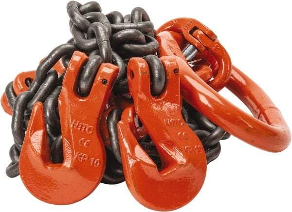 Pewag - 5' Long x 10" Wide, 15,200 Lb Basket Capacity, 15,200 Lb Vertical Capacity, Alloy Steel Web Sling - DOG Chain Sling, 3/8" Diam Chain, Self-Colored, with 2 Grab Hooks, Master Link & 2 Shortening Hooks - Apex Tool & Supply
