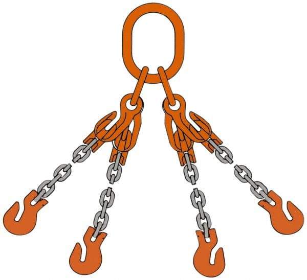 Pewag - 5' Long, 9,100 Lb Basket Capacity, 9,100 Lb Vertical Capacity, Alloy Steel Web Sling - QOG Chain Sling, 9/32" Diam Chain, Silver (Color), with 4 Grab Hooks, Master Link & 4 Shortening Hooks - Apex Tool & Supply