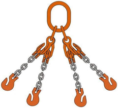 Pewag - 5' Long, 9,100 Lb Basket Capacity, 9,100 Lb Vertical Capacity, Alloy Steel Web Sling - QOG Chain Sling, 9/32" Diam Chain, Silver (Color), with 4 Grab Hooks, Master Link & 4 Shortening Hooks - Apex Tool & Supply