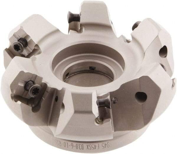 Iscar - 3.58" Cut Diam, 1" Arbor Hole, 0.276" Max Depth of Cut, 45° Indexable Chamfer & Angle Face Mill - 6 Inserts, S845 SX.U 16.. Insert, Right Hand Cut, 6 Flutes, Through Coolant, Series Helido - Apex Tool & Supply