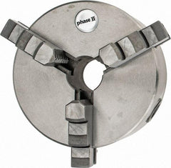 Phase II - 3 Jaws, 5" Diam, Self Centering Manual Lathe Chuck - Plain Back Mount Spindle, Reversible, 1.18" Through Hole Diam, Cast Iron - Apex Tool & Supply