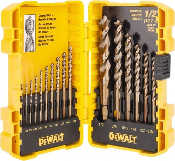 DeWALT - 1/16 to 1/2", 135° Point, Gold Finish, High Speed Steel Jobber Length Drill Bit Set - Apex Tool & Supply