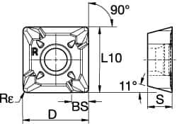 Kennametal - SPCT31251 LE Grade KC410M Carbide Milling Insert - TiB2 Finish, 5/32" Thick, 10mm Inscribed Circle, 0.4mm Corner Radius - Apex Tool & Supply