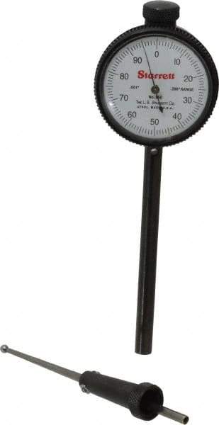 Starrett - 0.2 Inch Range, 0.001 Inch Dial Graduation, Dial Test Indicator - 1-11/16 Inch White Dial, 0-100 Dial Reading - Apex Tool & Supply