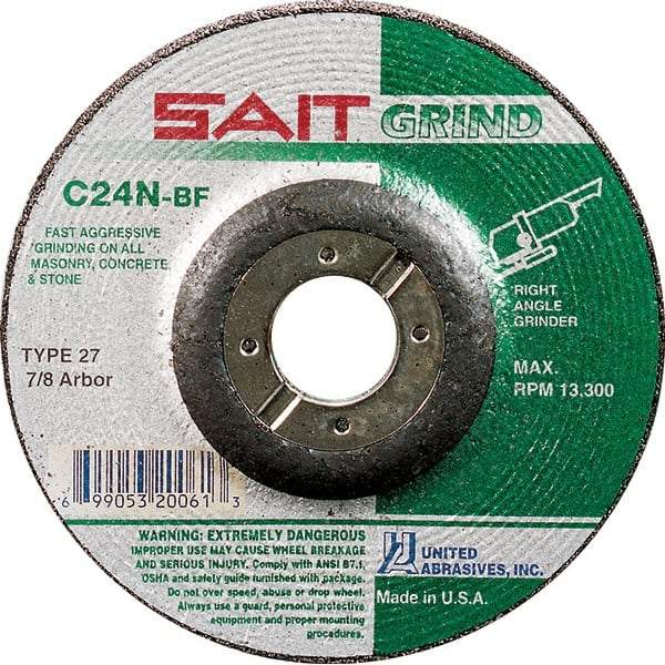 Sait - 24 Grit, 7" Wheel Diam, 1/4" Wheel Thickness, 7/8" Arbor Hole, Type 27 Depressed Center Wheel - Silicon Carbide, Resinoid Bond, N Hardness, 8,500 Max RPM, Compatible with Angle Grinder - Apex Tool & Supply