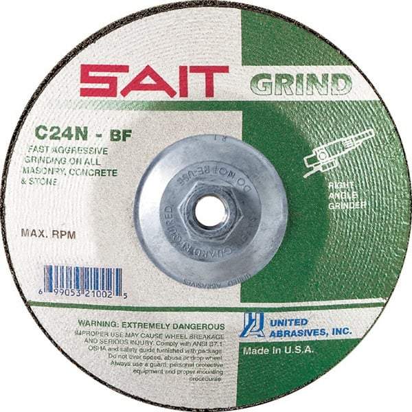 Sait - 24 Grit, 9" Wheel Diam, 1/4" Wheel Thickness, Type 27 Depressed Center Wheel - Silicon Carbide, Resinoid Bond, N Hardness, 6,600 Max RPM, Compatible with Angle Grinder - Apex Tool & Supply