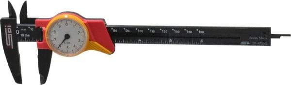 SPI - 0mm to 150mm Range, 0.1 mm Graduation, 10mm per Revolution, Dial Caliper - White Face, 1.57" Jaw Length - Apex Tool & Supply