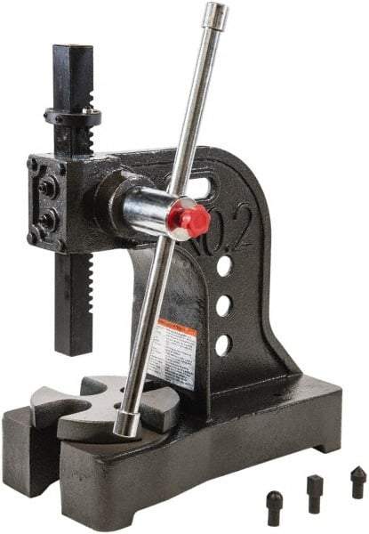 Palmgren - 1-1/4" Ram, 5-15/16" Throat Depth, 2 Ton Manual Arbor Press - 8" Max Work Height x 11-7/8" Max Work Width, Single Leverage, 6-1/2" Base Width x 16" Base Depth - Apex Tool & Supply