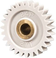 Made in USA - 24 Pitch, 1-1/8" Pitch Diam, 1.208" OD, 27 Tooth Spur Gear - 1/4" Face Width, 1/4" Bore Diam, 5/8" Hub Diam, 20° Pressure Angle, Acetal - Apex Tool & Supply