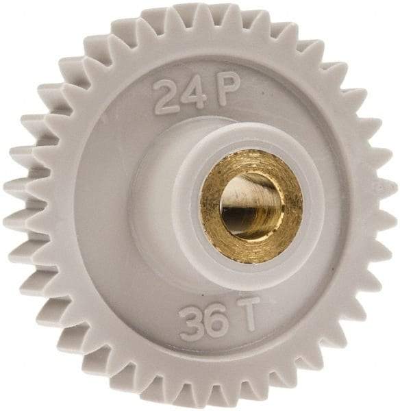 Made in USA - 24 Pitch, 1-1/2" Pitch Diam, 1.583" OD, 36 Tooth Spur Gear - 1/4" Face Width, 1/4" Bore Diam, 5/8" Hub Diam, 20° Pressure Angle, Acetal - Apex Tool & Supply