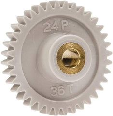 Made in USA - 24 Pitch, 1-1/2" Pitch Diam, 1.583" OD, 36 Tooth Spur Gear - 1/4" Face Width, 1/4" Bore Diam, 5/8" Hub Diam, 20° Pressure Angle, Acetal - Apex Tool & Supply