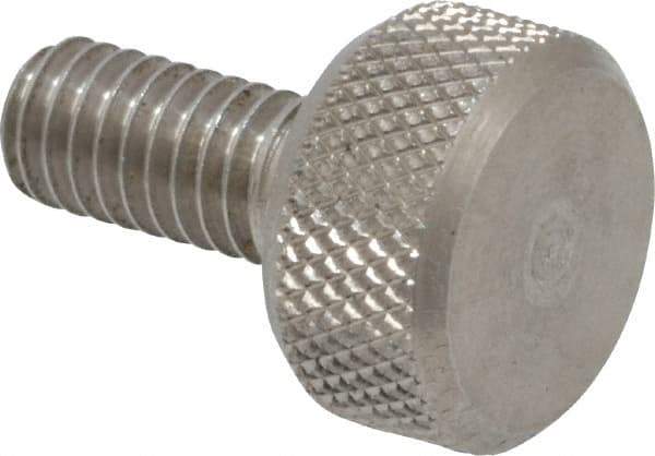 Morton Machine Works - M4x0.70 Knurled Shoulderless Grade 303 Stainless Steel Thumb Screw - 14mm OAL, 9.5mm Head Diam x 5mm Head Height - Apex Tool & Supply