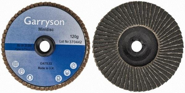 Garryson - 120 Grit, 3" Disc Diam, Type 27 Zirconia Alumina Flap Disc - 20,000 Max RPM, Nylon Backing, Quick Change Type S Attaching System, Coated - Apex Tool & Supply