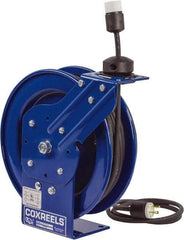 CoxReels - 16 AWG, 35' Cable Length, Cord & Cable Reel with Outlet End - 1 Outlet, NEMA 5-15R, 13 Amps, 115 Volts, SJO Cable, Blue Reel, Spring Driven Reel - Apex Tool & Supply