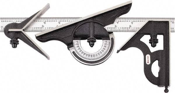 Starrett - 4 Piece, 12" Combination Square Set - 1/16, 1/32, 1/64 & 1/8" (4R) Graduation, Hardened Steel Blade, Cast Iron Center, Protractor & Square Head - Apex Tool & Supply