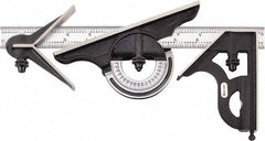 Starrett - 4 Piece, 12" Combination Square Set - 1/16, 1/32, 1/64 & 1/8" (4R) Graduation, Hardened Steel Blade, Cast Iron Center, Protractor & Square Head - Apex Tool & Supply