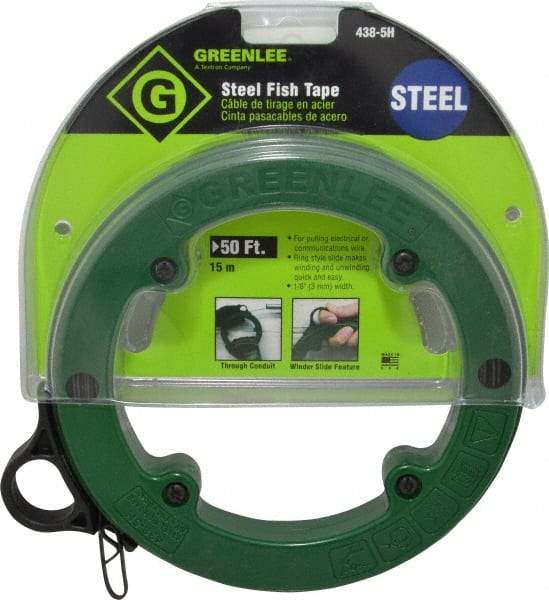 Greenlee - 50 Ft. Long x 1/8 Inch Wide, 3/64 Inch Thick, Steel Fish Tape - 400 Lb. Pulling Strength, Includes Case - Apex Tool & Supply