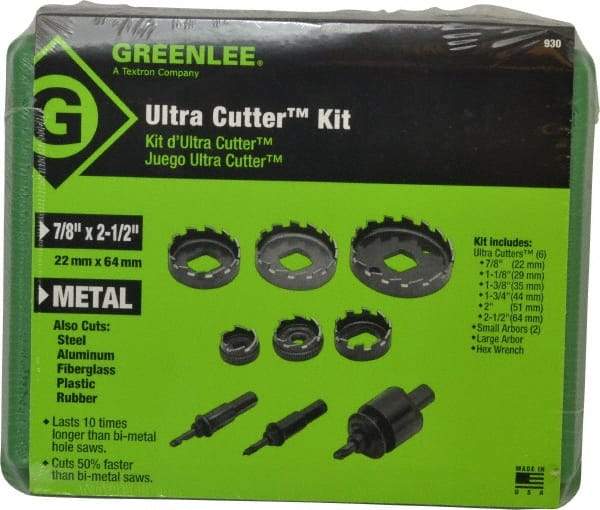 Greenlee - 9 Piece, 7/8" to 2-1/2" Saw Diam, Electrician's Hole Saw Kit - High Speed Steel, Toothed Edge, Includes 6 Hole Saws - Apex Tool & Supply