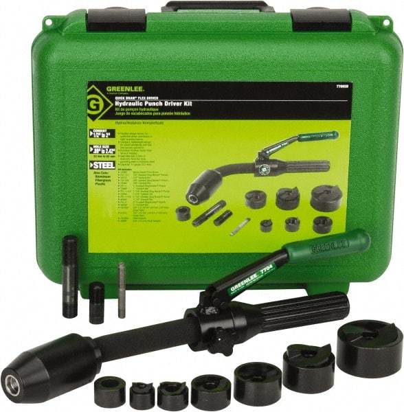 Greenlee - 11 Piece, 1/2 to 2" Punch Hole Diam, Hydraulic Punch Driver Kit - Round Punch, 10 Gage Mild Steel - Apex Tool & Supply