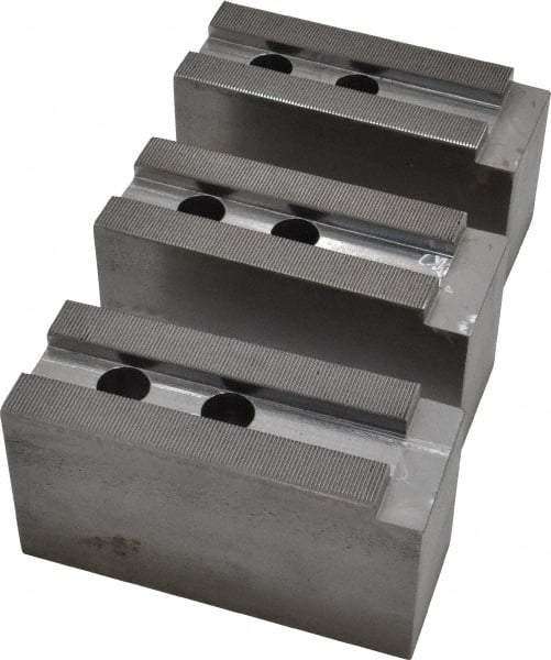 H & R Manufacturing - 15" Chuck Capacity, 1.5mm x 60° Serrated Attachment, Square Soft Lathe Chuck Jaw - 3 Jaws, Steel, 1.69" Btw Mount Hole Ctrs, 6-1/2" Long x 2-1/2" Wide x 3-1/2" High, 0.866" Groove, 20mm Fastener - Apex Tool & Supply