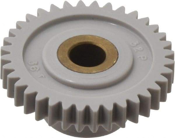 Made in USA - 32 Pitch, 1-1/8" Pitch Diam, 1-3/16" OD, 36 Tooth Spur Gear - 3/16" Face Width, 1/4" Bore Diam, 39/64" Hub Diam, 20° Pressure Angle, Acetal - Apex Tool & Supply