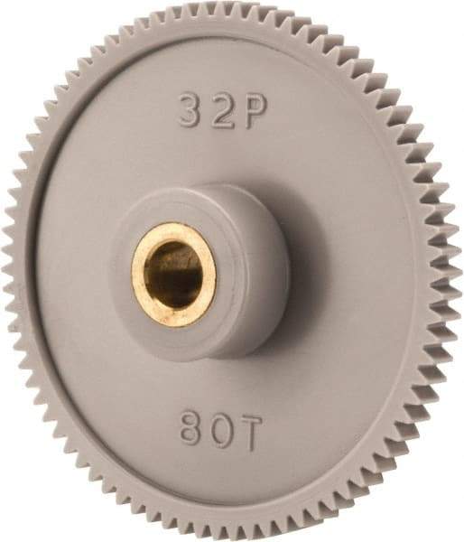 Made in USA - 32 Pitch, 2-1/2" Pitch Diam, 2-9/16" OD, 80 Tooth Spur Gear - 3/16" Face Width, 5/16" Bore Diam, 13/16" Hub Diam, 20° Pressure Angle, Acetal - Apex Tool & Supply