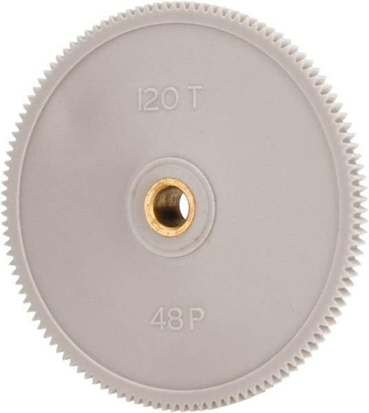 Made in USA - 48 Pitch, 2-1/2" Pitch Diam, 2.542" OD, 120 Tooth Spur Gear - 1/8" Face Width, 1/4" Bore Diam, 39/64" Hub Diam, 20° Pressure Angle, Acetal - Apex Tool & Supply