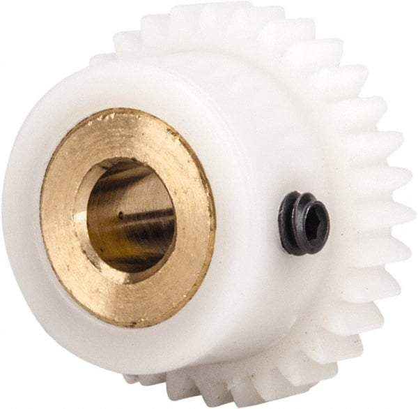 Made in USA - 48 Pitch, 0.667" Pitch Diam, 0.708" OD, 32 Tooth Spur Gear - 1/8" Face Width, 3/16" Bore Diam, 35/64" Hub Diam, 20° Pressure Angle, Acetal - Apex Tool & Supply
