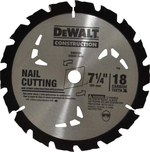 DeWALT - 7-1/4" Diam, 5/8" Arbor Hole Diam, 18 Tooth Wet & Dry Cut Saw Blade - Carbide-Tipped, General Purpose Action, Diamond Arbor - Apex Tool & Supply