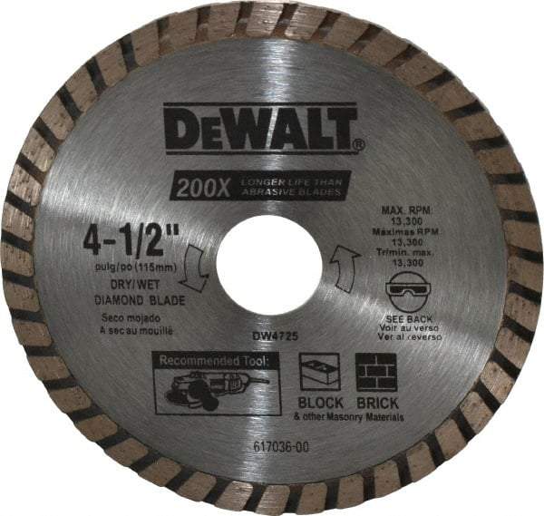 DeWALT - 4-1/2" Diam, 7/8" Arbor Hole Diam, Wet & Dry Cut Saw Blade - Diamond-Tipped, Standard Round Arbor - Apex Tool & Supply