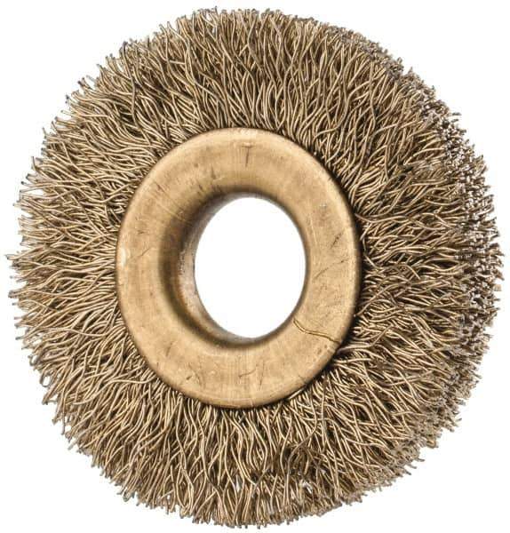 Value Collection - 1-3/8" OD, 3/8" Arbor Hole, Crimped Brass-Coated Steel Wheel Brush - 1/4" Face Width, 3/8" Trim Length, 0.007" Filament Diam, 20,000 RPM - Apex Tool & Supply