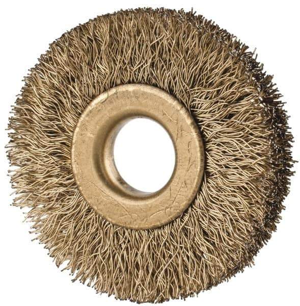 Value Collection - 1-1/2" OD, 3/8" Arbor Hole, Crimped Brass-Coated Steel Wheel Brush - 1/4" Face Width, 3/8" Trim Length, 0.007" Filament Diam, 20,000 RPM - Apex Tool & Supply