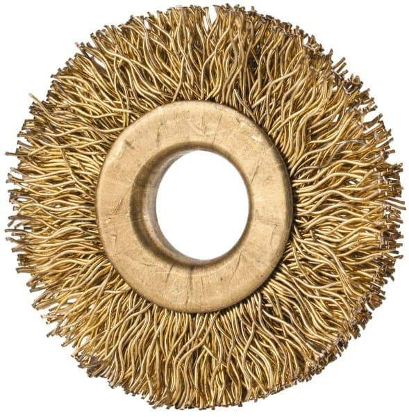 Value Collection - 1-3/8" OD, 3/8" Arbor Hole, Crimped Brass-Coated Steel Wheel Brush - 1/4" Face Width, 3/8" Trim Length, 0.012" Filament Diam, 20,000 RPM - Apex Tool & Supply