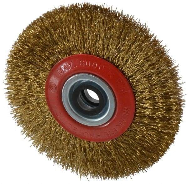 Value Collection - 5" OD, 3/4" Arbor Hole, Crimped Brass-Coated Steel Wheel Brush - 11/16" Face Width, 1-3/32" Trim Length, 0.014" Filament Diam, 6,000 RPM - Apex Tool & Supply