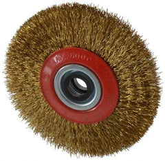 Value Collection - 5" OD, 3/4" Arbor Hole, Crimped Brass-Coated Steel Wheel Brush - 11/16" Face Width, 1-3/32" Trim Length, 0.014" Filament Diam, 6,000 RPM - Apex Tool & Supply