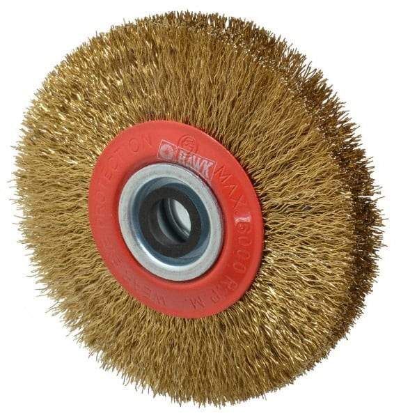 Value Collection - 5" OD, 3/4" Arbor Hole, Crimped Brass-Coated Steel Wheel Brush - 1" Face Width, 1-3/32" Trim Length, 0.014" Filament Diam, 6,000 RPM - Apex Tool & Supply