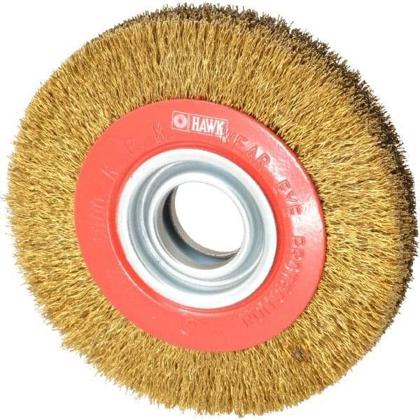 Value Collection - 6" OD, 1-1/4" Arbor Hole, Crimped Brass-Coated Steel Wheel Brush - 1" Face Width, 1-1/8" Trim Length, 0.014" Filament Diam, 6,000 RPM - Apex Tool & Supply