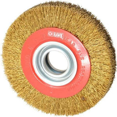 Value Collection - 6" OD, 1-1/4" Arbor Hole, Crimped Brass-Coated Steel Wheel Brush - 1" Face Width, 1-1/8" Trim Length, 0.014" Filament Diam, 6,000 RPM - Apex Tool & Supply