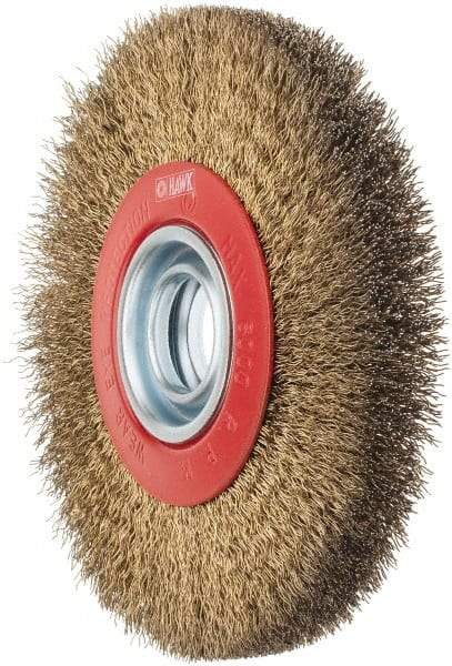 Value Collection - 7" OD, 1-1/4" Arbor Hole, Crimped Brass-Coated Steel Wheel Brush - 3/4" Face Width, 1-1/2" Trim Length, 0.014" Filament Diam, 6,000 RPM - Apex Tool & Supply