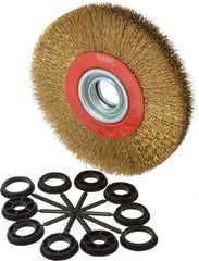 Value Collection - 7" OD, 1-1/4" Arbor Hole, Crimped Brass-Coated Steel Wheel Brush - 1" Face Width, 1-1/2" Trim Length, 0.014" Filament Diam, 6,000 RPM - Apex Tool & Supply