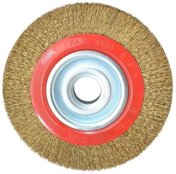 Value Collection - 8" OD, 1-1/4" Arbor Hole, Crimped Brass-Coated Steel Wheel Brush - 1" Face Width, 1-11/32" Trim Length, 0.014" Filament Diam, 4,500 RPM - Apex Tool & Supply