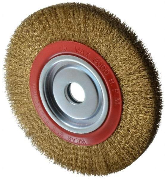 Value Collection - 10" OD, 1-1/4" Arbor Hole, Crimped Brass-Coated Steel Wheel Brush - 1" Face Width, 1-15/32" Trim Length, 0.014" Filament Diam, 3,000 RPM - Apex Tool & Supply