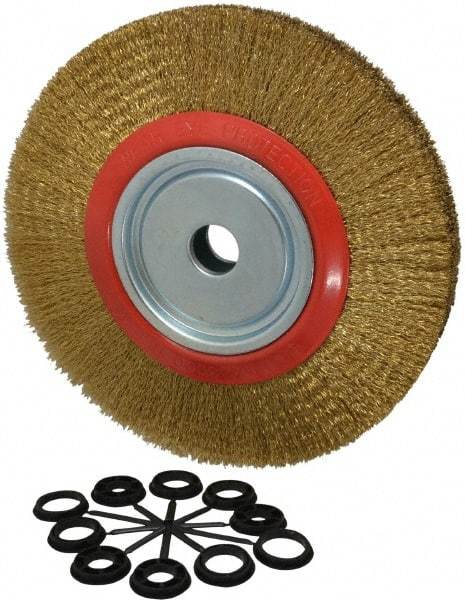 Value Collection - 12" OD, 1-1/4" Arbor Hole, Crimped Brass-Coated Steel Wheel Brush - 1-21/32" Face Width, 2-3/8" Trim Length, 0.014" Filament Diam, 3,000 RPM - Apex Tool & Supply