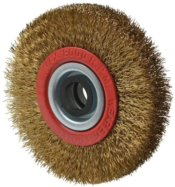 Value Collection - 4" OD, 3/4" Arbor Hole, Crimped Brass-Coated Steel Wheel Brush - 5/8" Face Width, 11/16" Trim Length, 0.012" Filament Diam, 8,000 RPM - Apex Tool & Supply