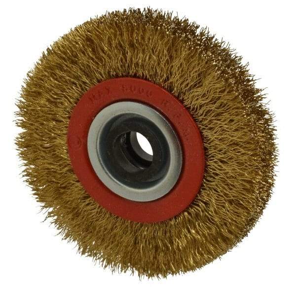 Value Collection - 4" OD, 3/4" Arbor Hole, Crimped Brass-Coated Steel Wheel Brush - 3/4" Face Width, 11/16" Trim Length, 0.012" Filament Diam, 8,000 RPM - Apex Tool & Supply