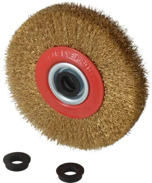 Value Collection - 5" OD, 3/4" Arbor Hole, Crimped Brass-Coated Steel Wheel Brush - 1" Face Width, 1-3/32" Trim Length, 0.012" Filament Diam, 6,000 RPM - Apex Tool & Supply