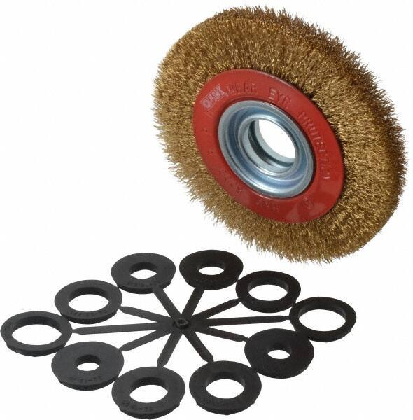 Value Collection - 6" OD, 1-1/4" Arbor Hole, Crimped Brass-Coated Steel Wheel Brush - 11/16" Face Width, 1-1/8" Trim Length, 0.012" Filament Diam, 6,000 RPM - Apex Tool & Supply